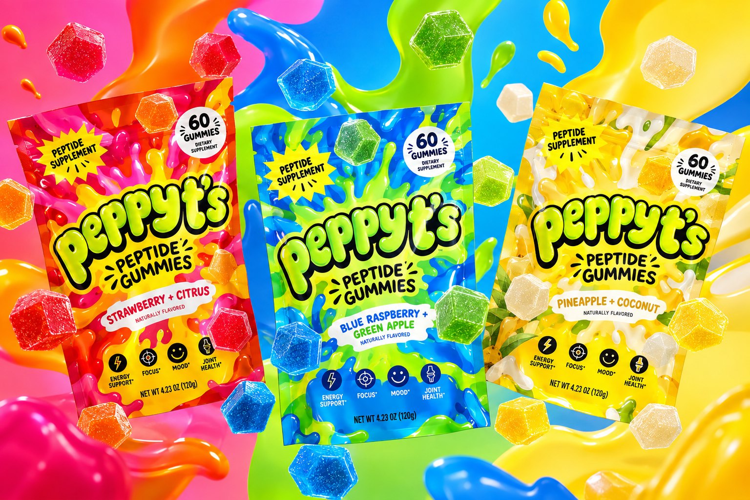 Three bags of Peppyt's Peptide Gummies in Strawberry + Citrus, Blue Raspberry + Green Apple, and Pineapple + Coconut, surrounded by hexagonal gummies